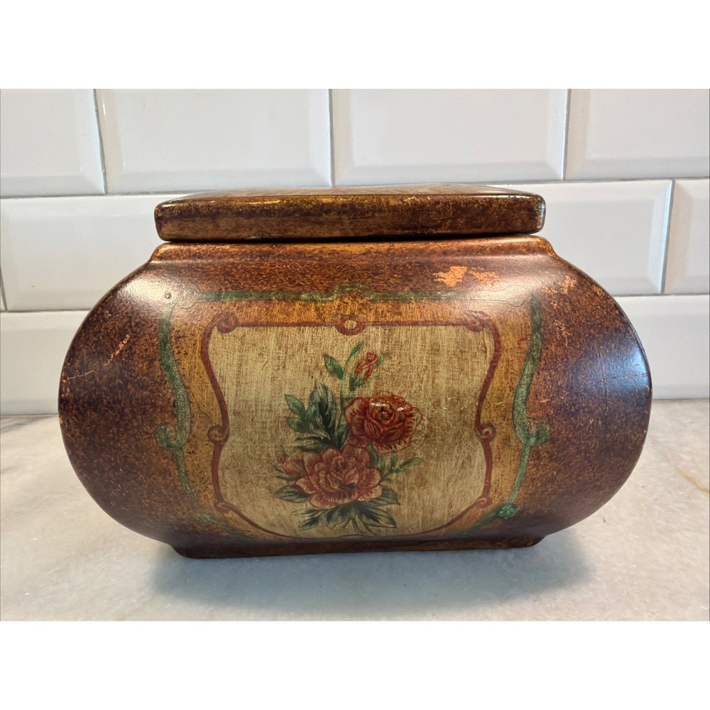 Vintage Ceramic Hand Painted Trinket Box Roses/gold/brown/green OLA003 Heavy